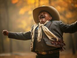 photo of emotional dynamic pose Mexican man in autumn AI Generative