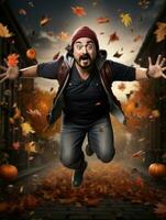 photo of emotional dynamic pose Mexican man in autumn AI Generative