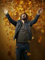 photo of emotional dynamic pose Mexican man in autumn AI Generative