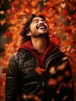 photo of emotional dynamic pose Mexican man in autumn AI Generative