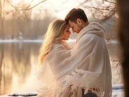 amoroso Pareja es disfrutando un romántico invierno día ai generativo foto