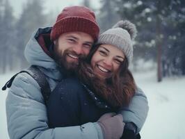 Loving couple is enjoying a romantic winter day AI Generative photo