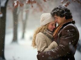 Loving couple is enjoying a romantic winter day AI Generative photo