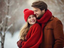 Loving couple is enjoying a romantic winter day AI Generative photo