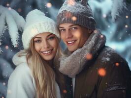 Loving couple is enjoying a romantic winter day AI Generative photo