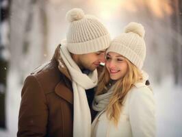 Loving couple is enjoying a romantic winter day AI Generative photo