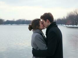 amoroso Pareja es disfrutando un romántico invierno día ai generativo foto