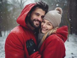 Loving couple is enjoying a romantic winter day AI Generative photo