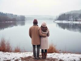 amoroso Pareja es disfrutando un romántico invierno día ai generativo foto