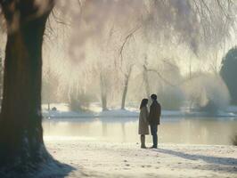 amoroso Pareja es disfrutando un romántico invierno día ai generativo foto