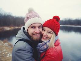 Loving couple is enjoying a romantic winter day AI Generative photo