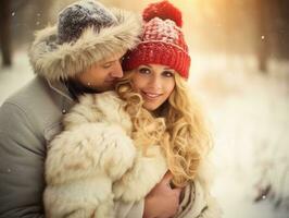 Loving couple is enjoying a romantic winter day AI Generative photo