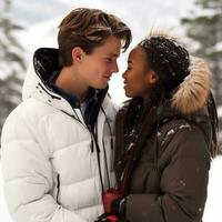 amoroso Adolescente interracial Pareja es disfrutando un romántico invierno día ai generativo foto