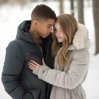 Loving teenage interracial couple is enjoying a romantic winter day AI Generative photo