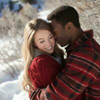 amoroso Adolescente interracial Pareja es disfrutando un romántico invierno día ai generativo foto