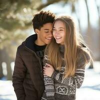 Loving teenage interracial couple is enjoying a romantic winter day AI Generative photo