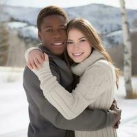 amoroso Adolescente interracial Pareja es disfrutando un romántico invierno día ai generativo foto