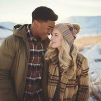 amoroso Adolescente interracial Pareja es disfrutando un romántico invierno día ai generativo foto