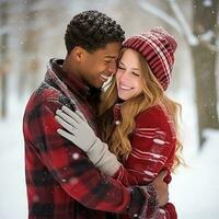 Loving teenage interracial couple is enjoying a romantic winter day AI Generative photo