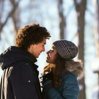 Loving teenage interracial couple is enjoying a romantic winter day AI Generative photo