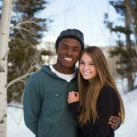 amoroso Adolescente interracial Pareja es disfrutando un romántico invierno día ai generativo foto