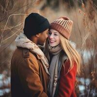 Loving teenage interracial couple is enjoying a romantic winter day AI Generative photo