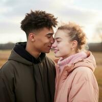 Loving teenage interracial couple is enjoying a romantic winter day AI Generative photo