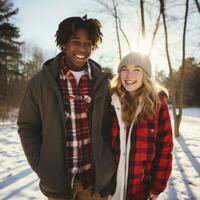 Loving teenage interracial couple is enjoying a romantic winter day AI Generative photo