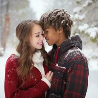 Loving teenage interracial couple is enjoying a romantic winter day AI Generative photo