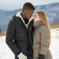 amoroso Adolescente interracial Pareja es disfrutando un romántico invierno día ai generativo foto