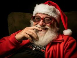 hombre vestido como Papa Noel claus en juguetón actitud en sólido antecedentes ai generativo foto