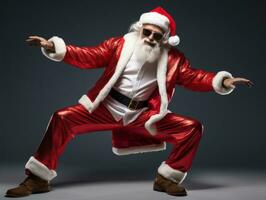 hombre vestido como Papa Noel claus en juguetón actitud en sólido antecedentes ai generativo foto