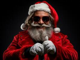 hombre vestido como Papa Noel claus en juguetón actitud en sólido antecedentes ai generativo foto