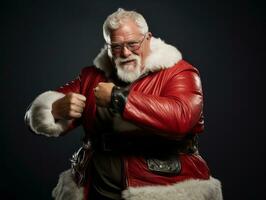 Man dressed as Santa Claus in playful pose on solid background AI Generative photo