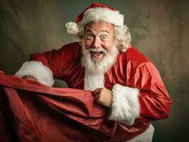 hombre vestido como Papa Noel claus en juguetón actitud en sólido antecedentes ai generativo foto