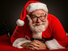 hombre vestido como Papa Noel claus en juguetón actitud en sólido antecedentes ai generativo foto