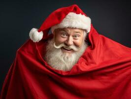 Man dressed as Santa Claus in playful pose on solid background AI Generative photo