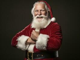 hombre vestido como Papa Noel claus en juguetón actitud en sólido antecedentes ai generativo foto