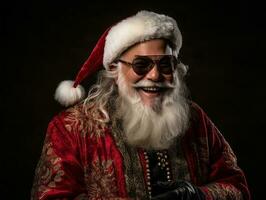 hombre vestido como Papa Noel claus en juguetón actitud en sólido antecedentes ai generativo foto