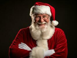 hombre vestido como Papa Noel claus en juguetón actitud en sólido antecedentes ai generativo foto