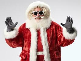 Man dressed as Santa Claus in playful pose on solid background AI Generative photo