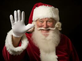 hombre vestido como Papa Noel claus en juguetón actitud en sólido antecedentes ai generativo foto