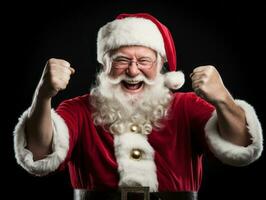 hombre vestido como Papa Noel claus en juguetón actitud en sólido antecedentes ai generativo foto