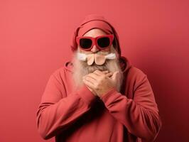 hombre vestido como Papa Noel claus en juguetón actitud en sólido antecedentes ai generativo foto