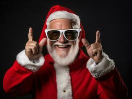 hombre vestido como Papa Noel claus en juguetón actitud en sólido antecedentes ai generativo foto