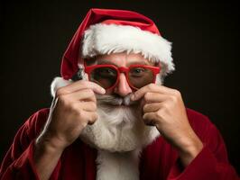 Man dressed as Santa Claus in playful pose on solid background AI Generative photo