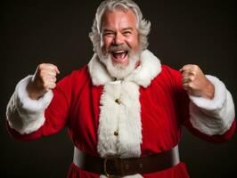 hombre vestido como Papa Noel claus en juguetón actitud en sólido antecedentes ai generativo foto