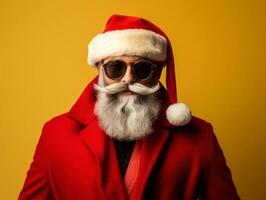 Man dressed as Santa Claus in playful pose on solid background AI Generative photo