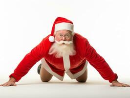 hombre vestido como Papa Noel claus en juguetón actitud en sólido antecedentes ai generativo foto