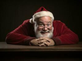 hombre vestido como Papa Noel claus en juguetón actitud en sólido antecedentes ai generativo foto